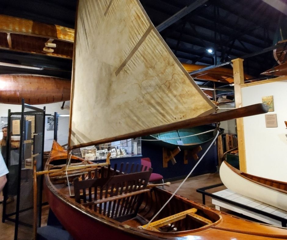 A canoe with sails at the Wisconsin Canoe Heritage Museum